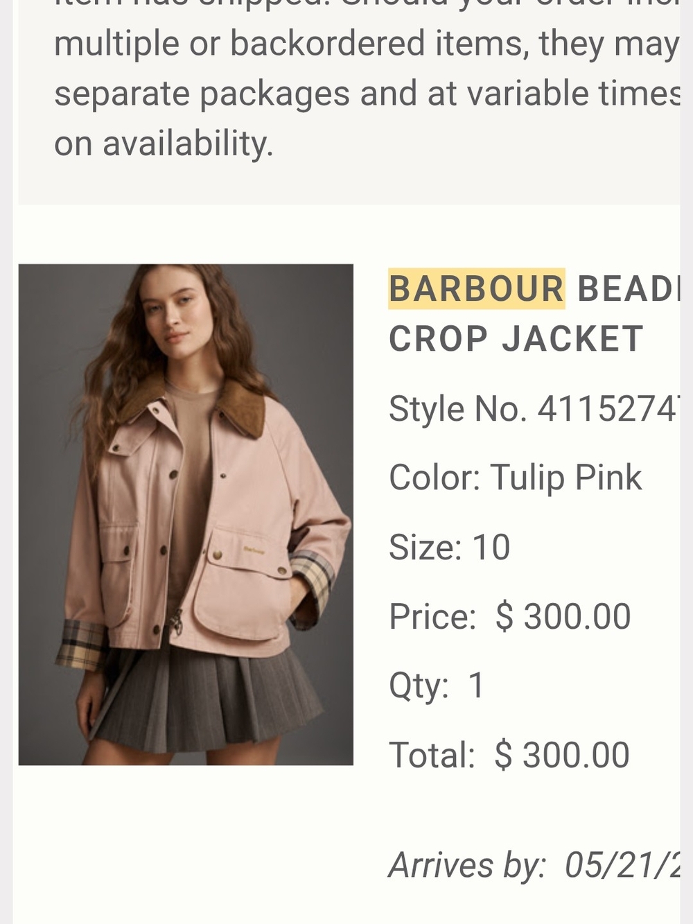 Barbour Tulip Pink Beadnell Crop Jacket with Corduroy Collar